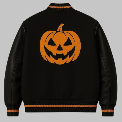 Halloween Ghost and Pumpkin Varsity Jacket Wool and Leather