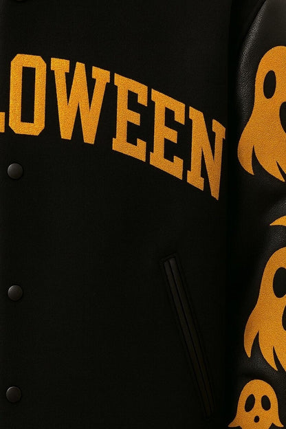 Halloween Ghost and Pumpkin Varsity Jacket Wool and Leather