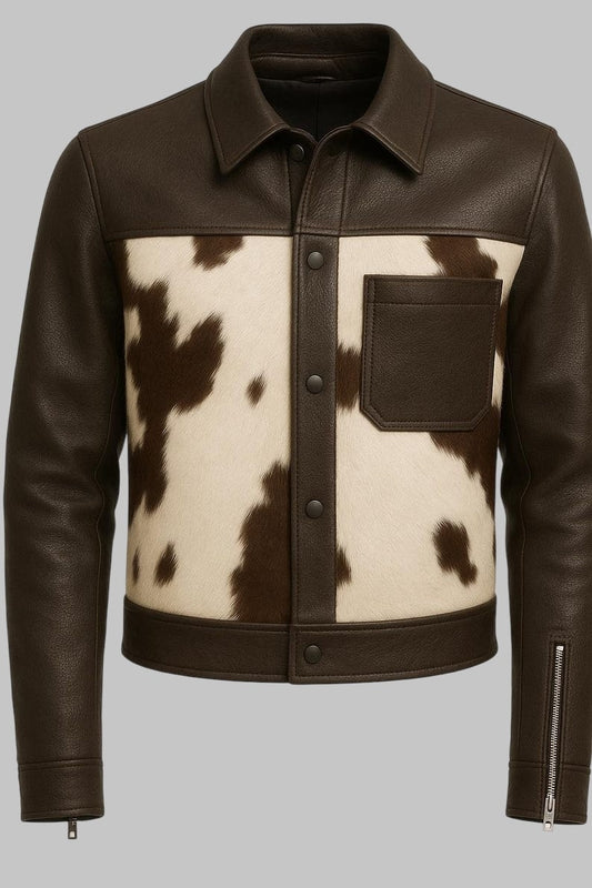 Hairon Cowhide Leather Jacket for Men Western Shirt Collar