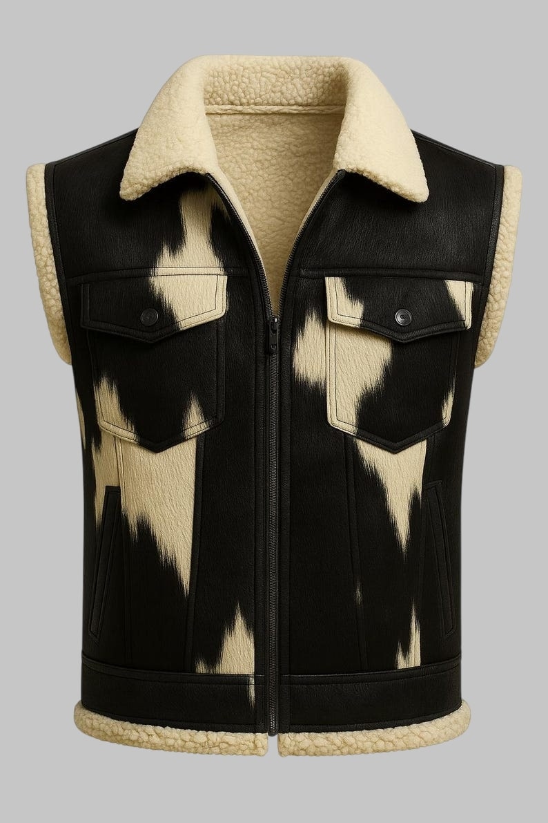 Men 90s Cowhide Shearling Vest Black and White Hairon Hide