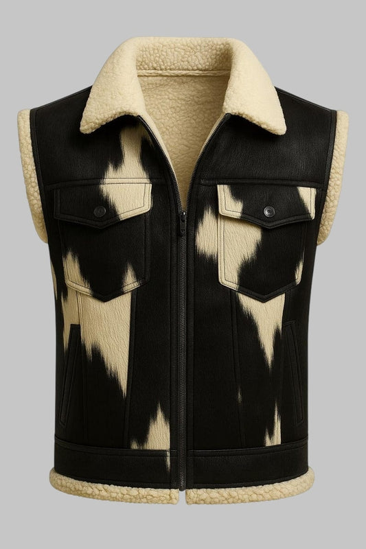 Men 90s Cowhide Shearling Vest Black and White Hairon Hide