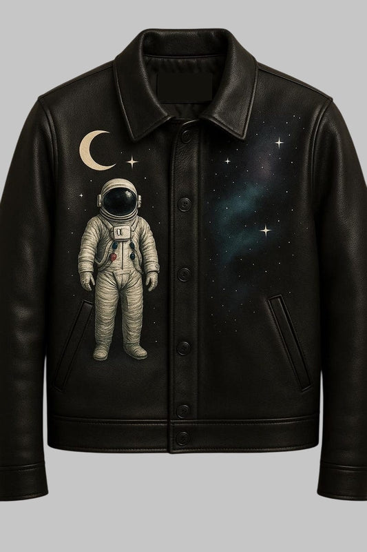 Cosmic Astronaut Sheepskin Leather Jacket Galaxy UV Print