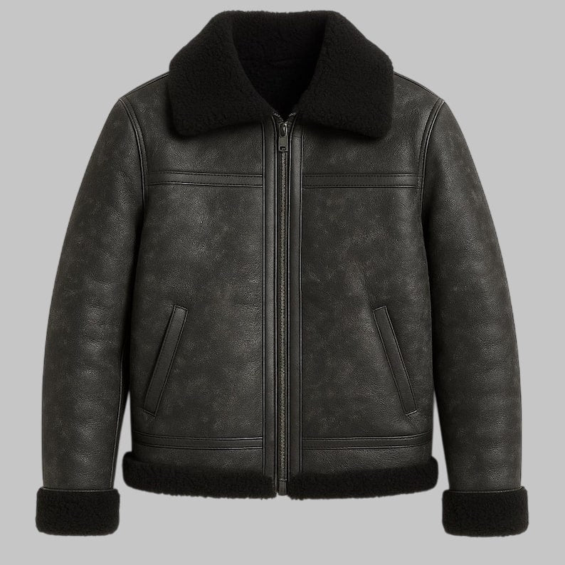 Men Black Shearling Leather Jacket Real Sheepskin Aviator Coat