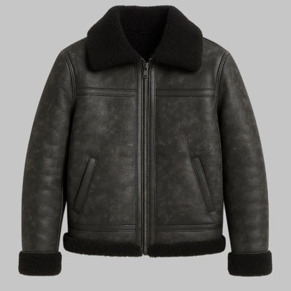 Men Black Shearling Leather Jacket Real Sheepskin Aviator Coat