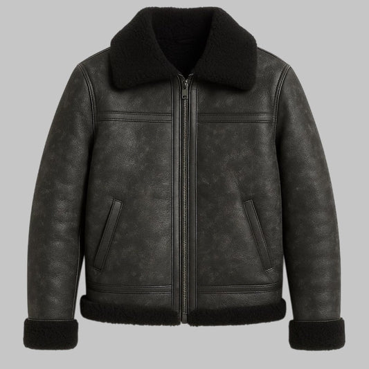 Men Black Shearling Leather Jacket Real Sheepskin Aviator Coat
