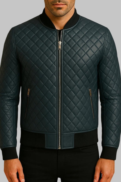 Quilted Antique Leather Bomber Jacket Diamond Style