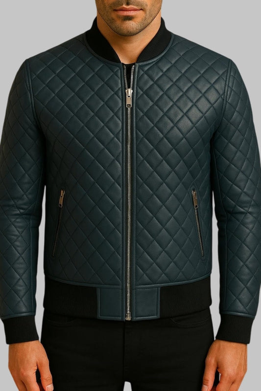 Quilted Antique Leather Bomber Jacket Diamond Style