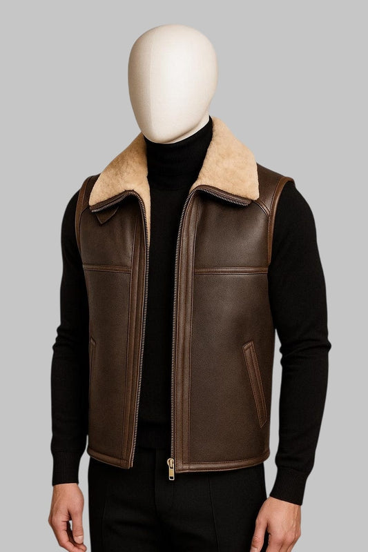 Men Brown Shearling Leather Vest Real Sheepskin Fur