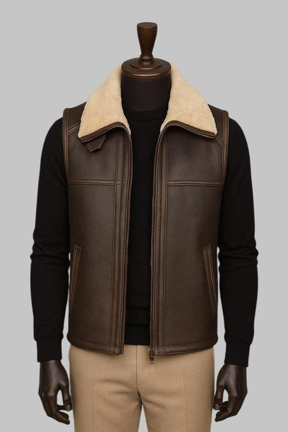 Men Brown Shearling Leather Vest Real Sheepskin Fur