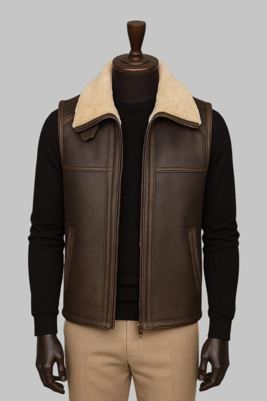 Men Brown Shearling Leather Vest Real Sheepskin Fur