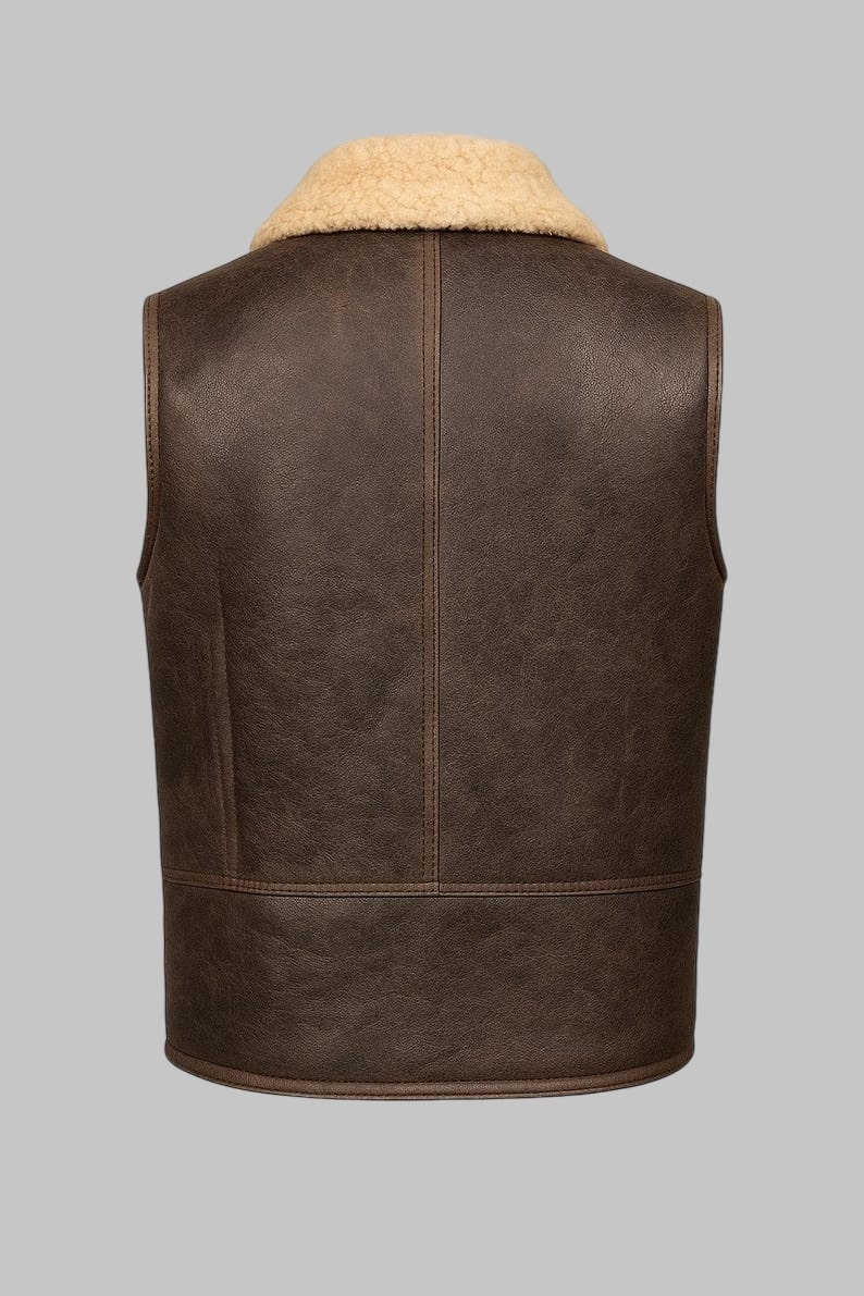 Men Brown Shearling Leather Vest Real Sheepskin Fur
