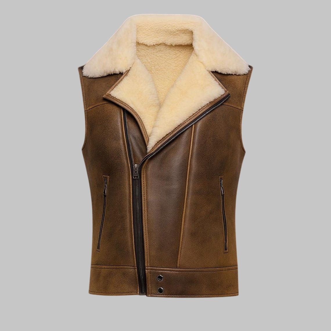 Men Shearling Leather Vest Sheepskin Brown Real Fur