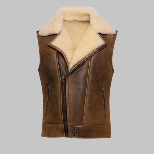 Men Shearling Leather Vest Sheepskin Brown Real Fur