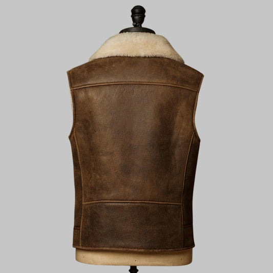 Men Shearling Leather Vest Sheepskin Brown Real Fur