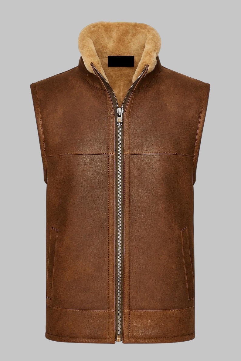 Men’s Shearling Leather Vest Cognac Sheepskin Gilet | Luxury Real Shearling Bodywarmer