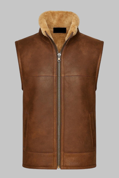 Men’s Shearling Leather Vest Cognac Sheepskin Gilet | Luxury Real Shearling Bodywarmer