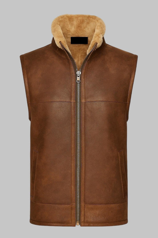Men’s Shearling Leather Vest Cognac Sheepskin Gilet | Luxury Real Shearling Bodywarmer