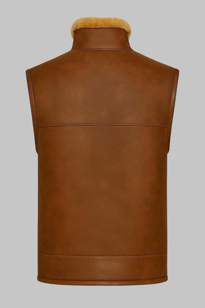 Men’s Shearling Leather Vest Cognac Sheepskin Gilet | Luxury Real Shearling Bodywarmer