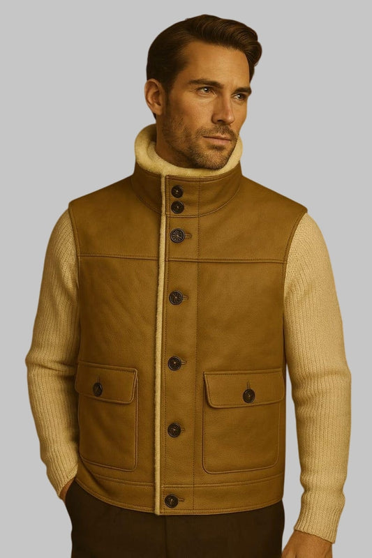 Shearling Vest Men Brown Sheepskin Leather Real Fur Gilet