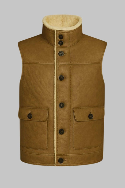Shearling Vest Men Brown Sheepskin Leather Real Fur Gilet