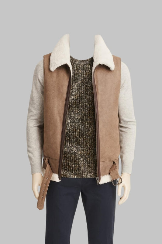 Shearling Vest Men Light Brown Sheepskin Leather Real Fur Gilet