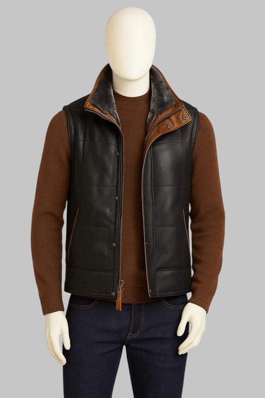 Shearling Vest Men Brown Sheepskin Leather Real Fur Gilet