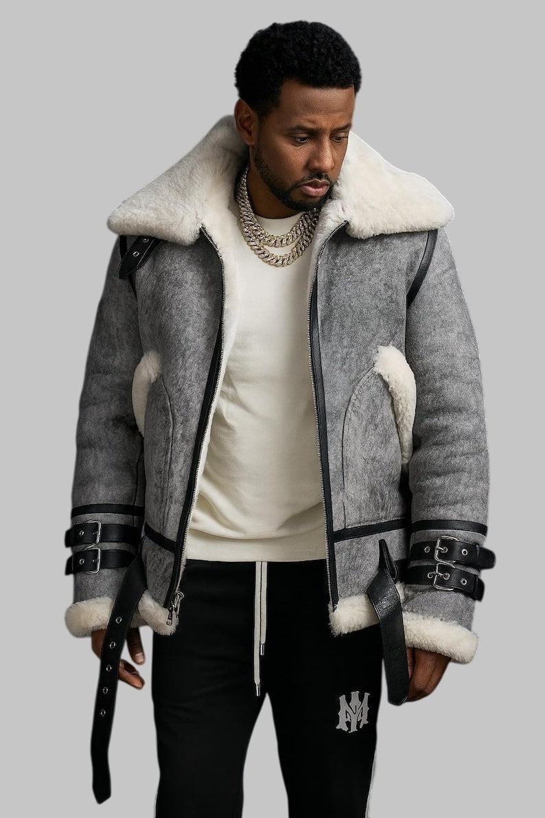 Genuine Shearling Aviator B3 Sheepskin Leather Bomber Jacket for Men