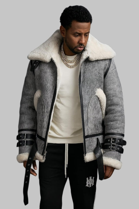 Genuine Shearling Aviator B3 Sheepskin Leather Bomber Jacket for Men