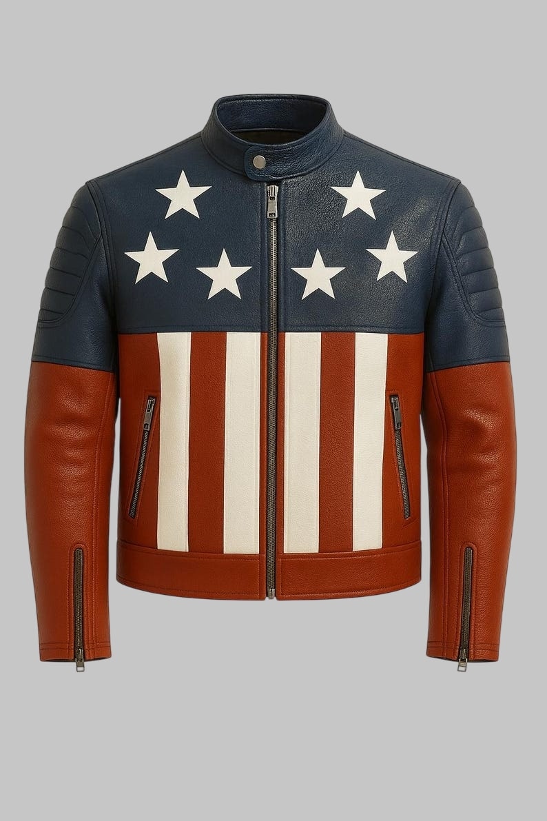 Sheepskin Leather Biker Jacket American Flag Stars and Stripes
