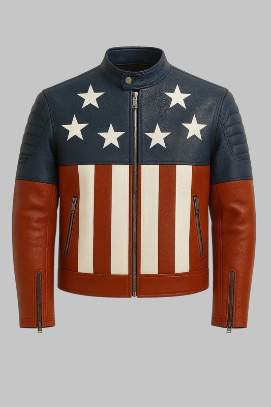 Sheepskin Leather Biker Jacket American Flag Stars and Stripes