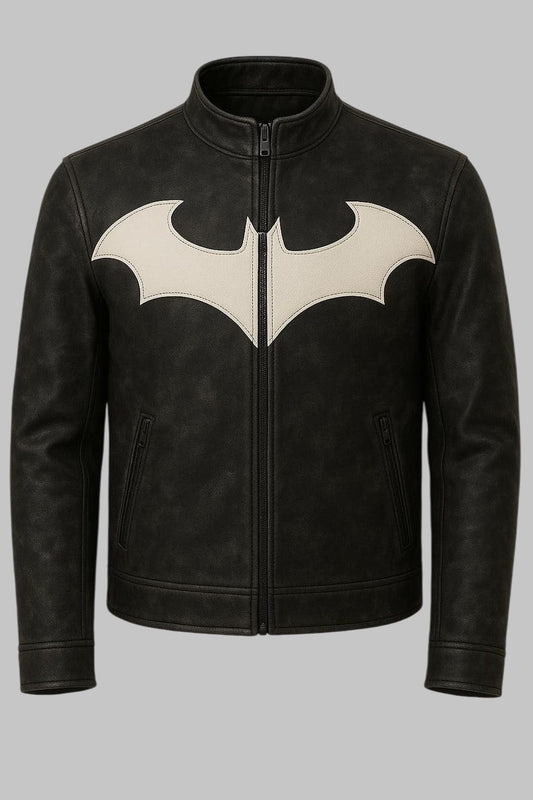 Premium Bat Logo Leather Jacket Men Black Distressed Motorcycle Outerwear