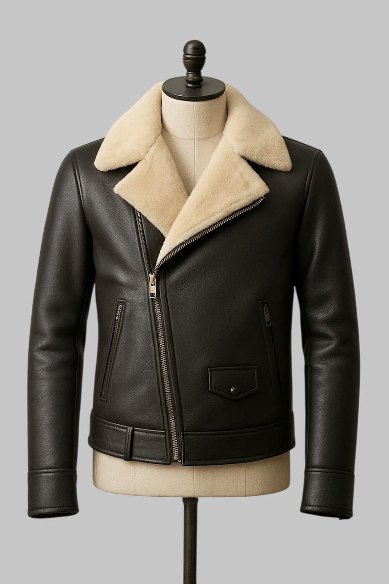Shearling Biker Jacket Men Real Sheepskin Leather Bomber Flying Fur Jacket