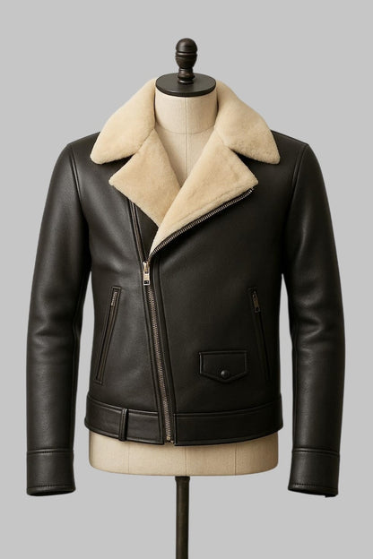 Shearling Biker Jacket Men Real Sheepskin Leather Bomber Flying Fur Jacket
