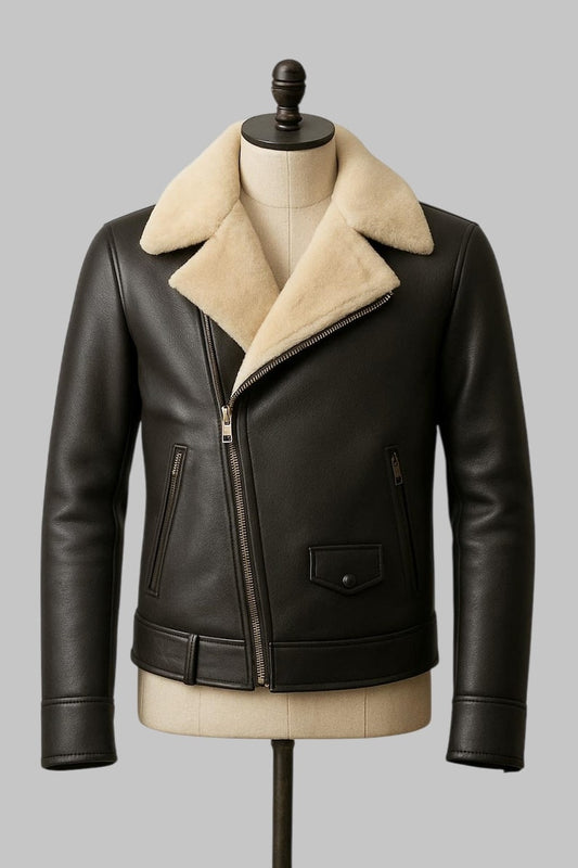 Shearling Biker Jacket Men Real Sheepskin Leather Bomber Flying Fur Jacket