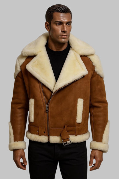 Shearling Jacket Men Cognac B3 Real Sheepskin Leather Bomber Flying Fur Jacket