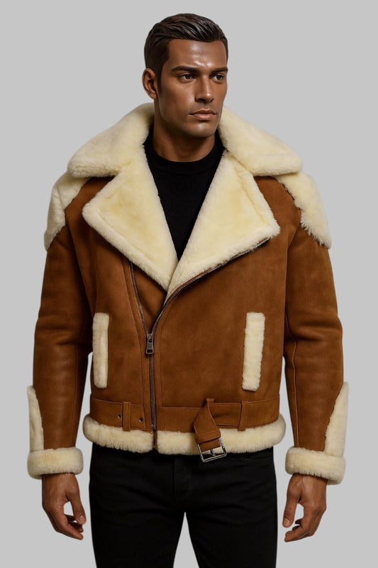 Shearling Jacket Men Cognac B3 Real Sheepskin Leather Bomber Flying Fur Jacket