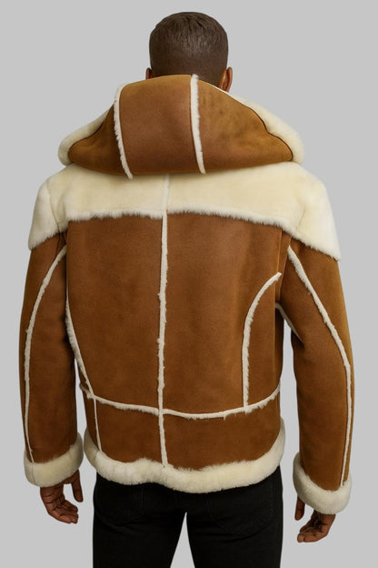 Shearling Jacket Men Cognac B3 Real Sheepskin Leather Bomber Flying Fur Jacket