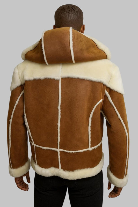Shearling Jacket Men Cognac B3 Real Sheepskin Leather Bomber Flying Fur Jacket