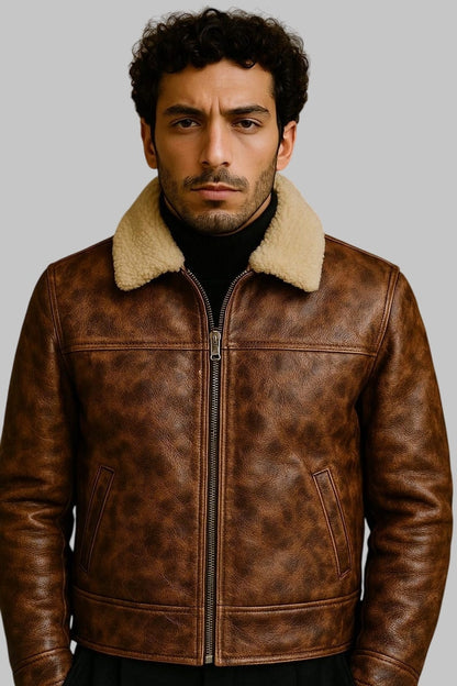 Genuine Shearling Aviator Jacket Men Brown B3 Real Sheepskin Leather Bomber