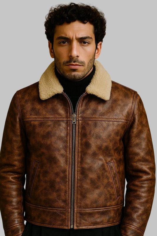 Genuine Shearling Aviator Jacket Men Brown B3 Real Sheepskin Leather Bomber