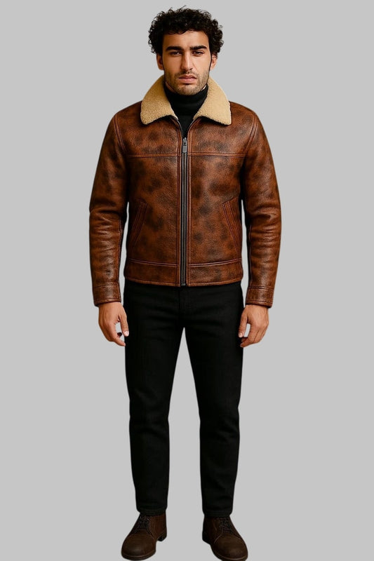 Genuine Shearling Aviator Jacket Men Brown B3 Real Sheepskin Leather Bomber