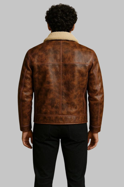 Genuine Shearling Aviator Jacket Men Brown B3 Real Sheepskin Leather Bomber