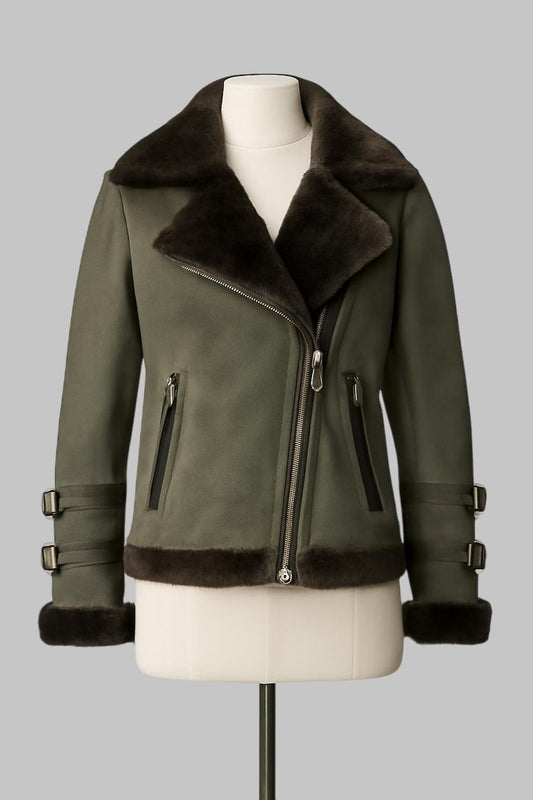 Shearling Aviator Jacket Women Green B3 Real Sheepskin Leather Bomber