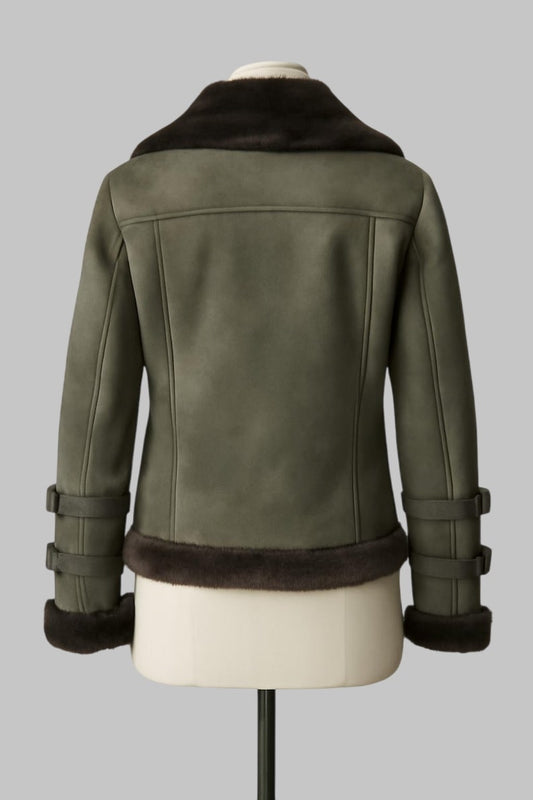 Shearling Aviator Jacket Women Green B3 Real Sheepskin Leather Bomber