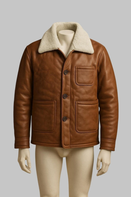 Shearling Coat Men Tan B3 Real Sheepskin Leather Bomber Flying Fur Jacket