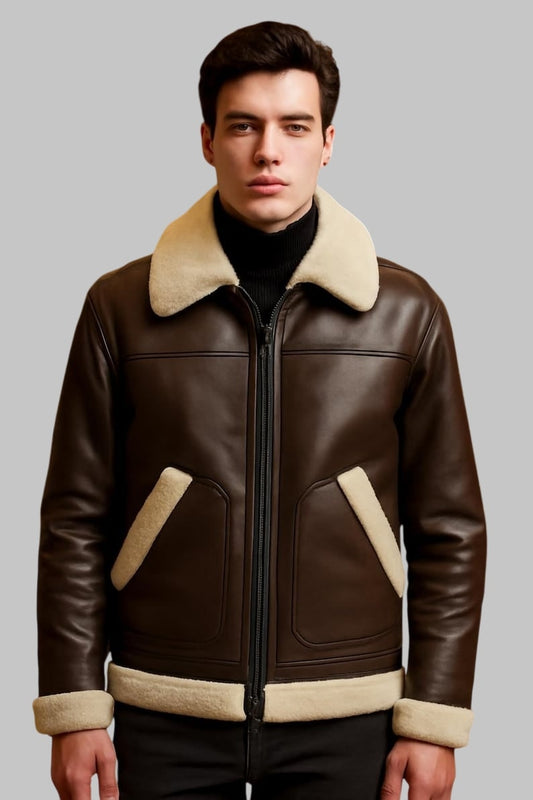 Luxury Shearling Aviator Jacket Men Brown Real Sheepskin Leather Bomber with Fox Fur