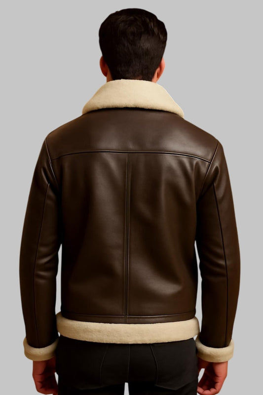 Luxury Shearling Aviator Jacket Men Brown Real Sheepskin Leather Bomber with Fox Fur