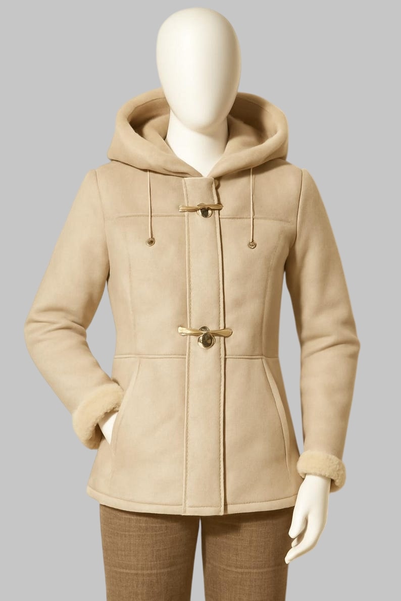 Women's Beige Leather Shearling Aviator Cropped Jacket