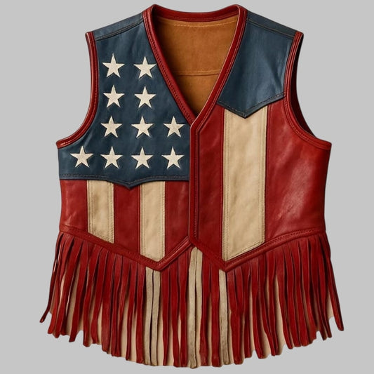 Men’s American Flag Leather Fringe Vest – Western Cowboy Patriotic Style