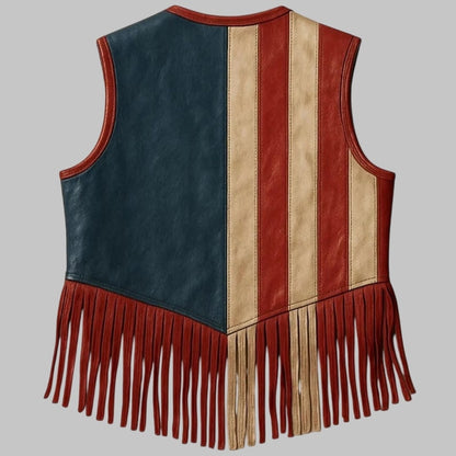 Men’s American Flag Leather Fringe Vest – Western Cowboy Patriotic Style